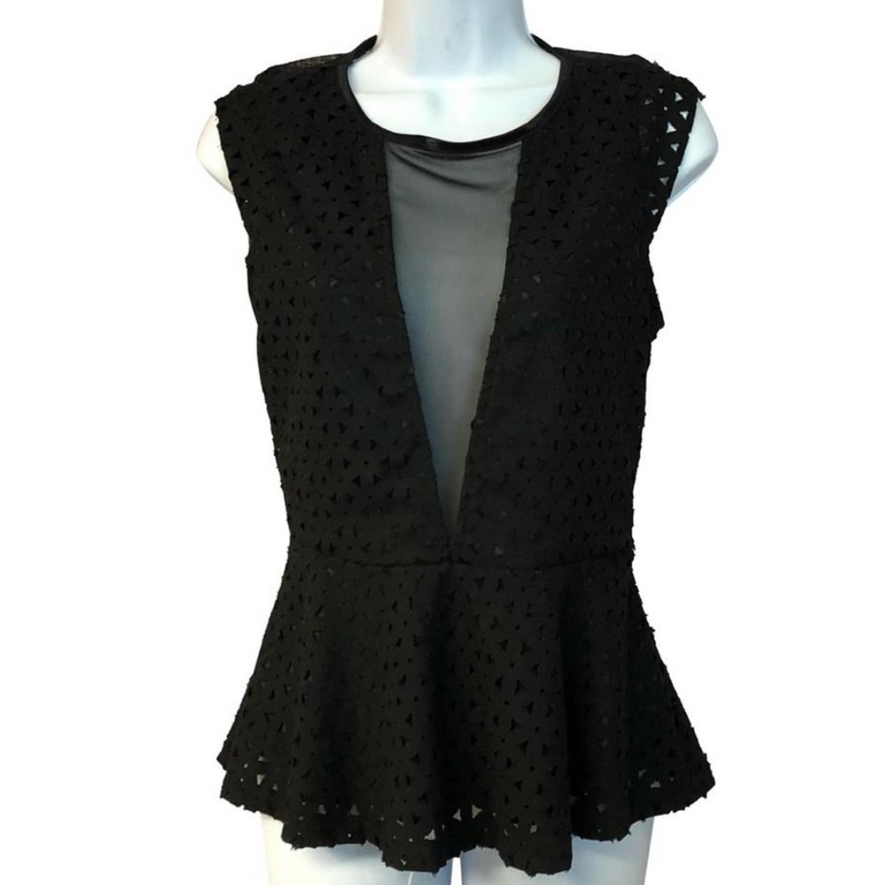 Black Arden B Peplum Blouse -V Neck & Sheer Back Mesh-Sz XS-Glam Party Work Chic